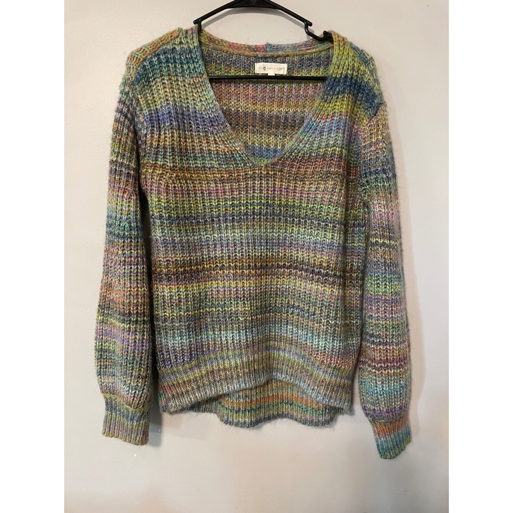 Lou & Grey for LOFT Multi-Color Space Dye V-Neck Chunky Knit Sweater Medium